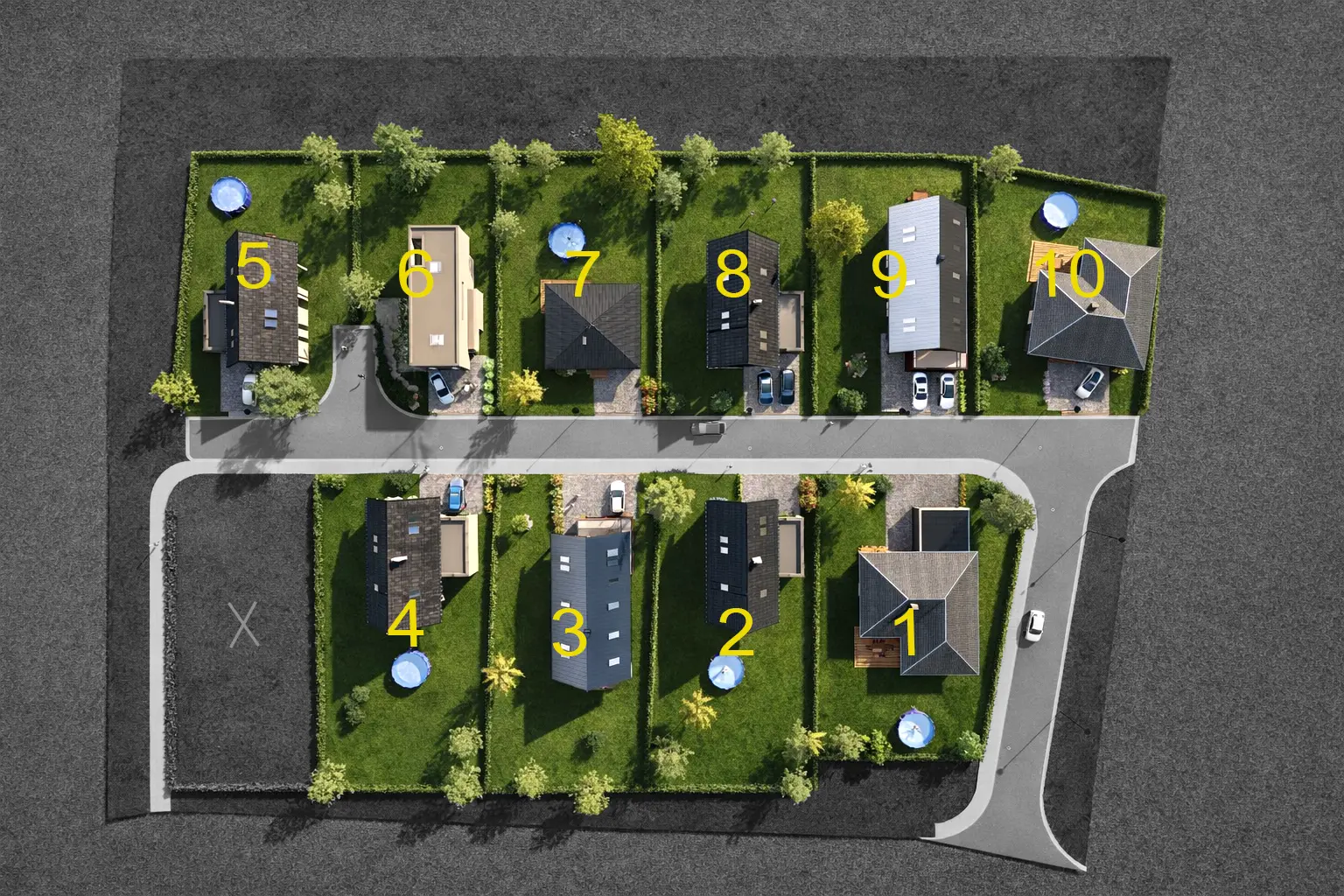 Pozemky Služovice B — číslování parcel, situační plán