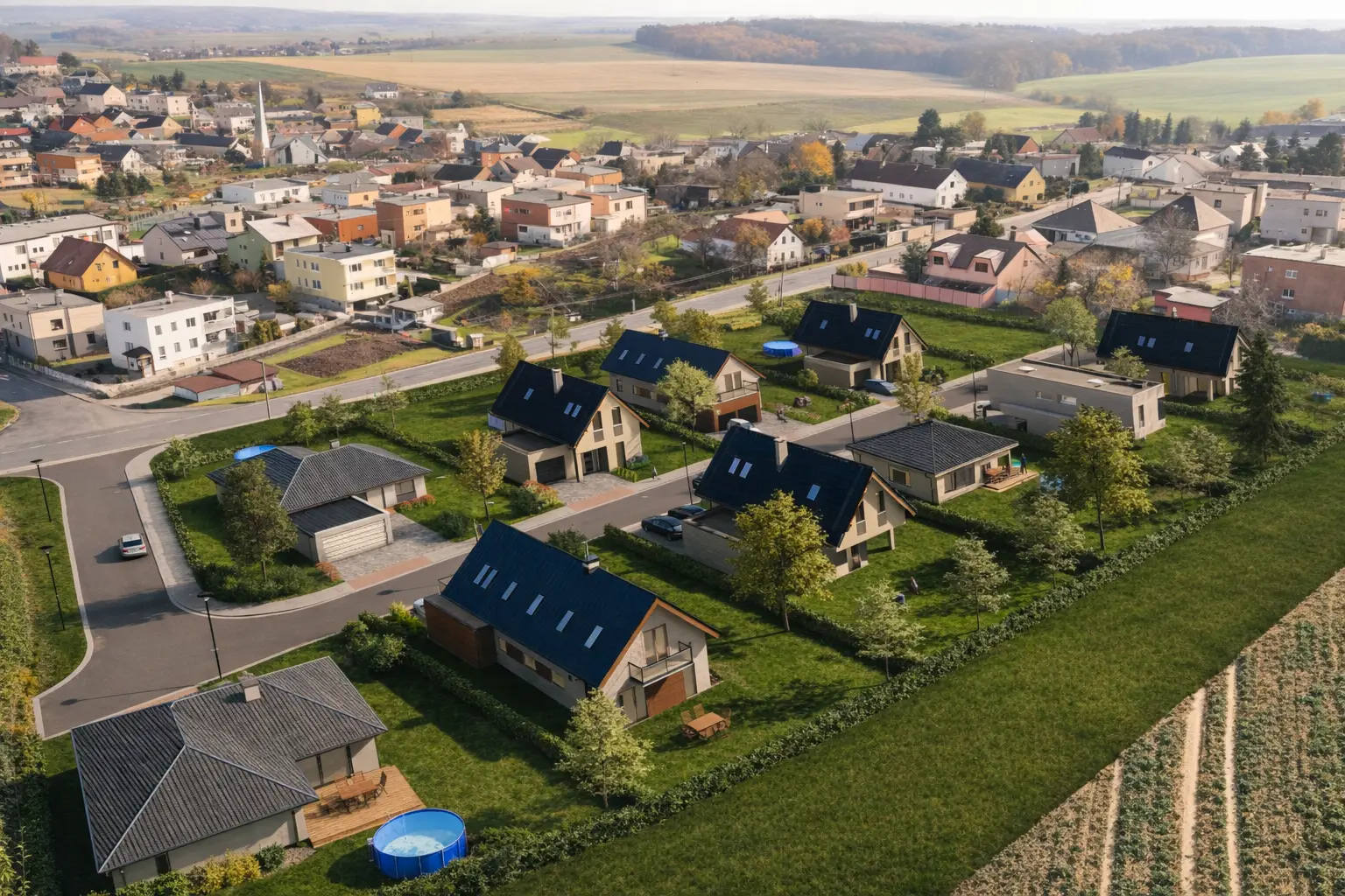 Pozemky Služovice B — letecký pohled z dronu, rozvržení parcel